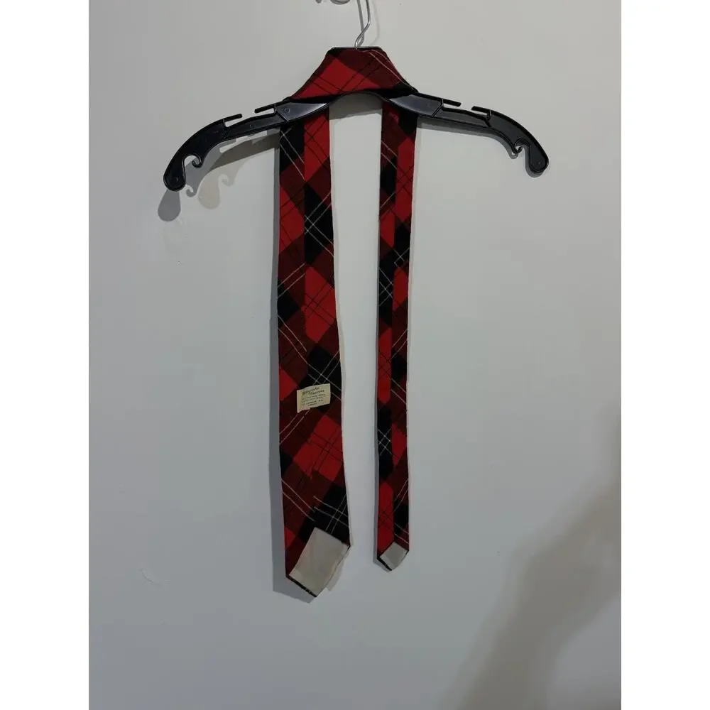 Vtg 100% Wool Madawaska‎ Weavers Tie Necktie Red Black Plaid Striped Hand Woven